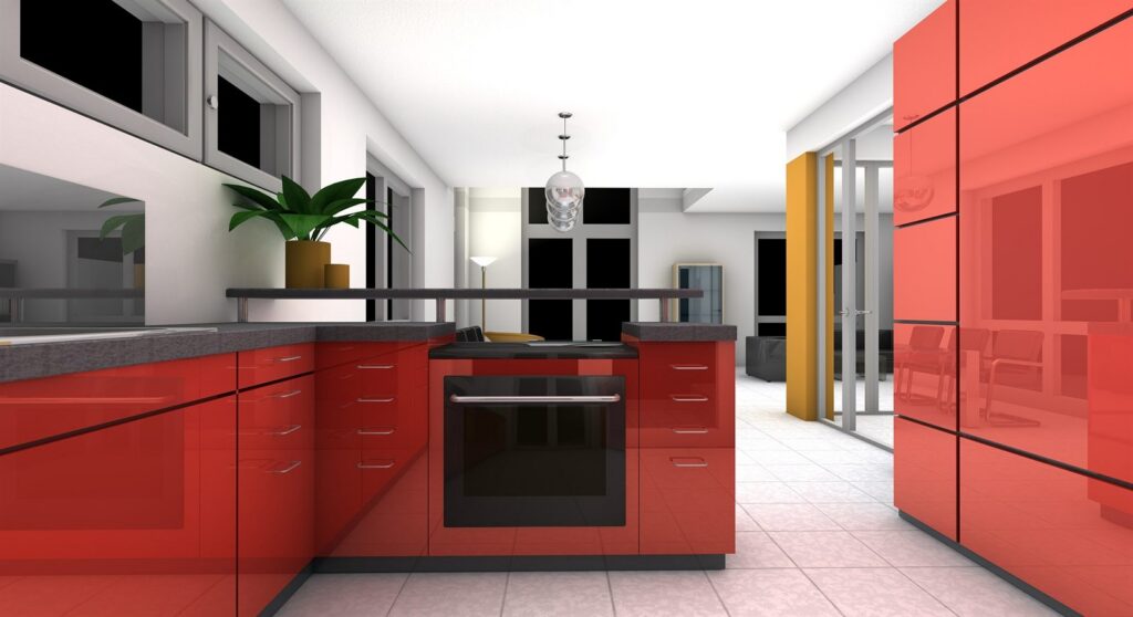 Modern kitchen with red high-gloss cabinets